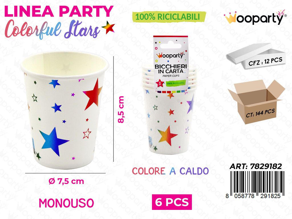 L. COLORFUL STARS BICCHIERI CARTA 7.5*8.5CM 6PCS /PZ DA 12**