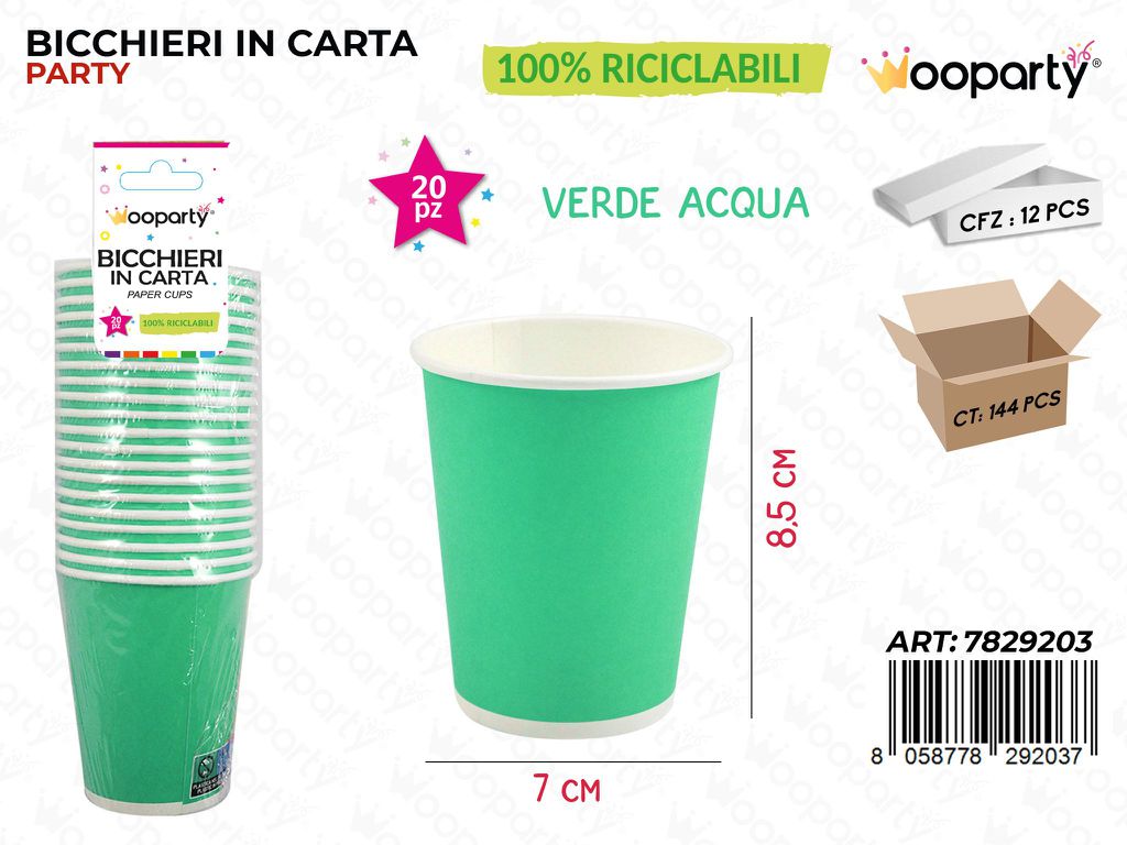 BICCHIERI IN CARTA VERDE ACQUA 7*8.5CM 20PCS /PZ DA 12**