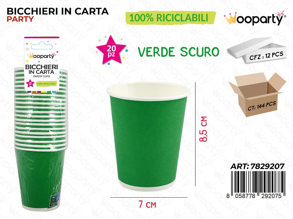 BICCHIERI IN CARTA VERDE SCURO 7*8.5CM 20PCS /PZ DA 12**