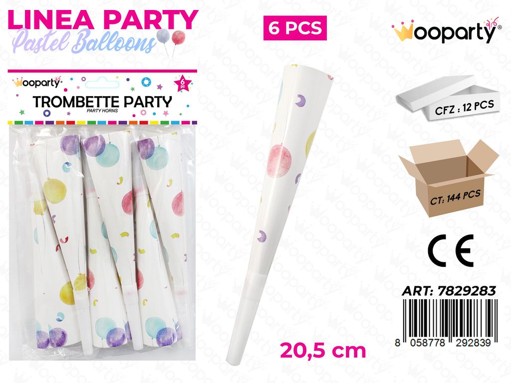 L. PASTEL BALLOONS TROMBETTE 6PCS 20.5CM / PZ DA 12**