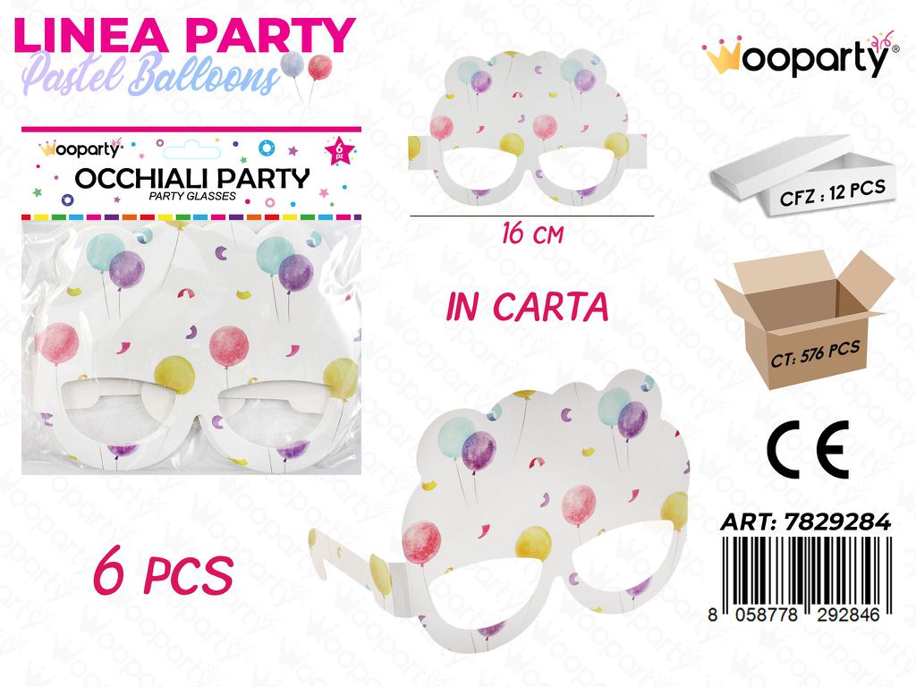 L. PASTEL BALLOONS OCCHIALI IN CARTA 6PCS 16CM / PZ DA 12**
