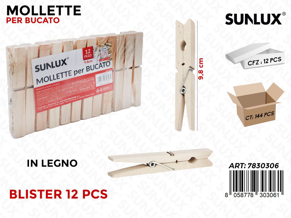 Sunlux Mollette Bucato Legno 12PCS 9.8CM