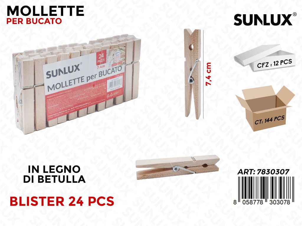 Sunlux Mollette Bucato Legno Betulla 24PCS 7.4CM