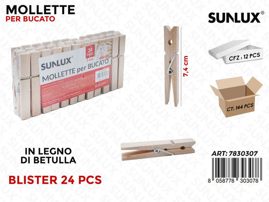 Sunlux Mollette Bucato Legno Betulla 24PCS 7.4CM
