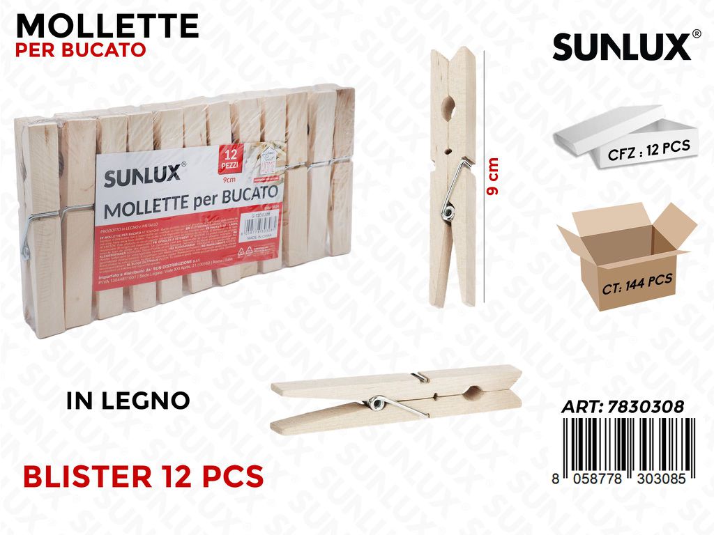 Sunlux Mollette Bucato Legno 12PCS 9CM