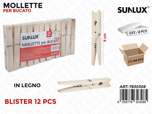 Sunlux Mollette Bucato Legno 12PCS 9CM