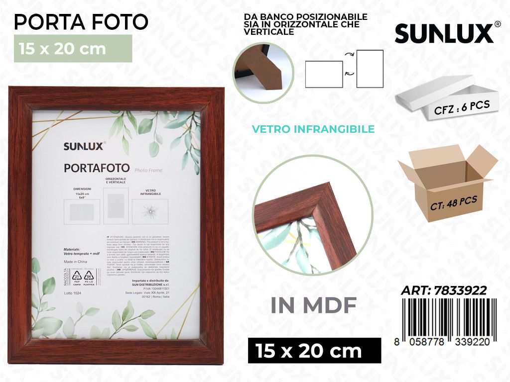 Sunlux Portafoto Legno Mdf Vetro Temp. 15*20CM