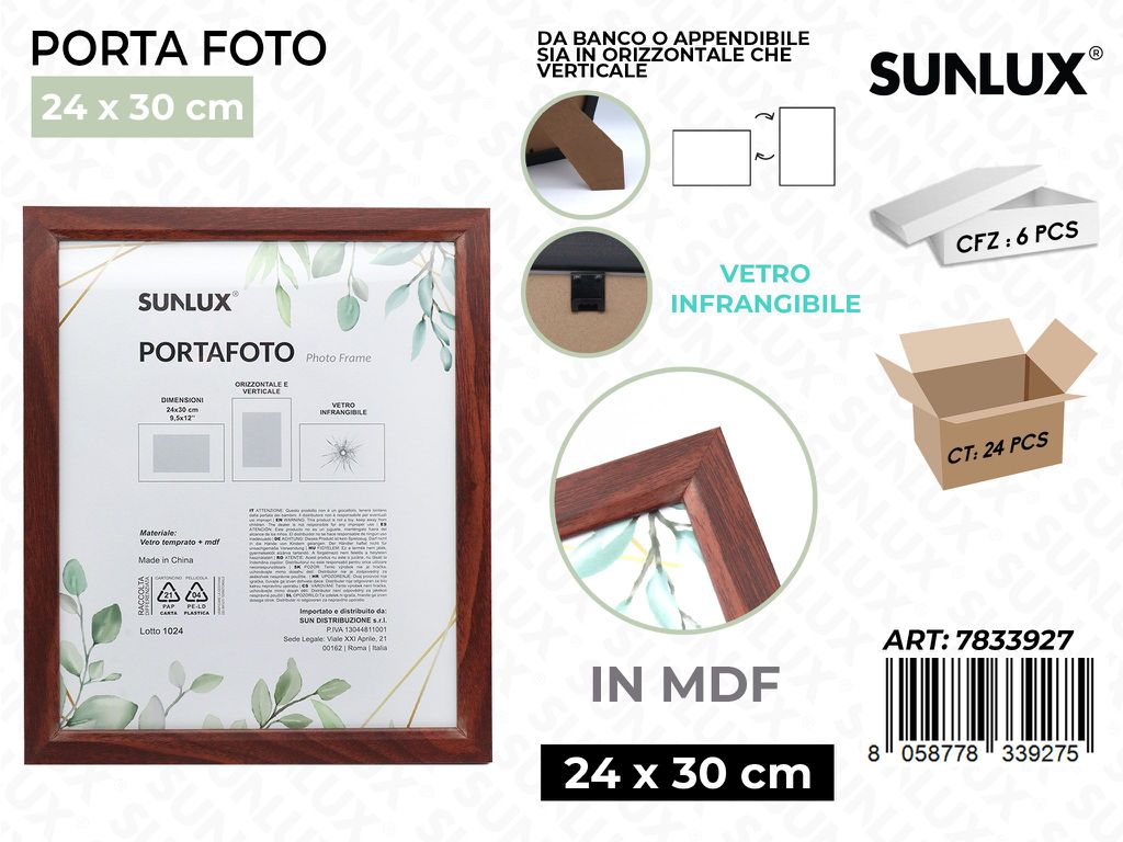 Sunlux Portafoto Legno Mdf Vetro Temp. 24*30CM