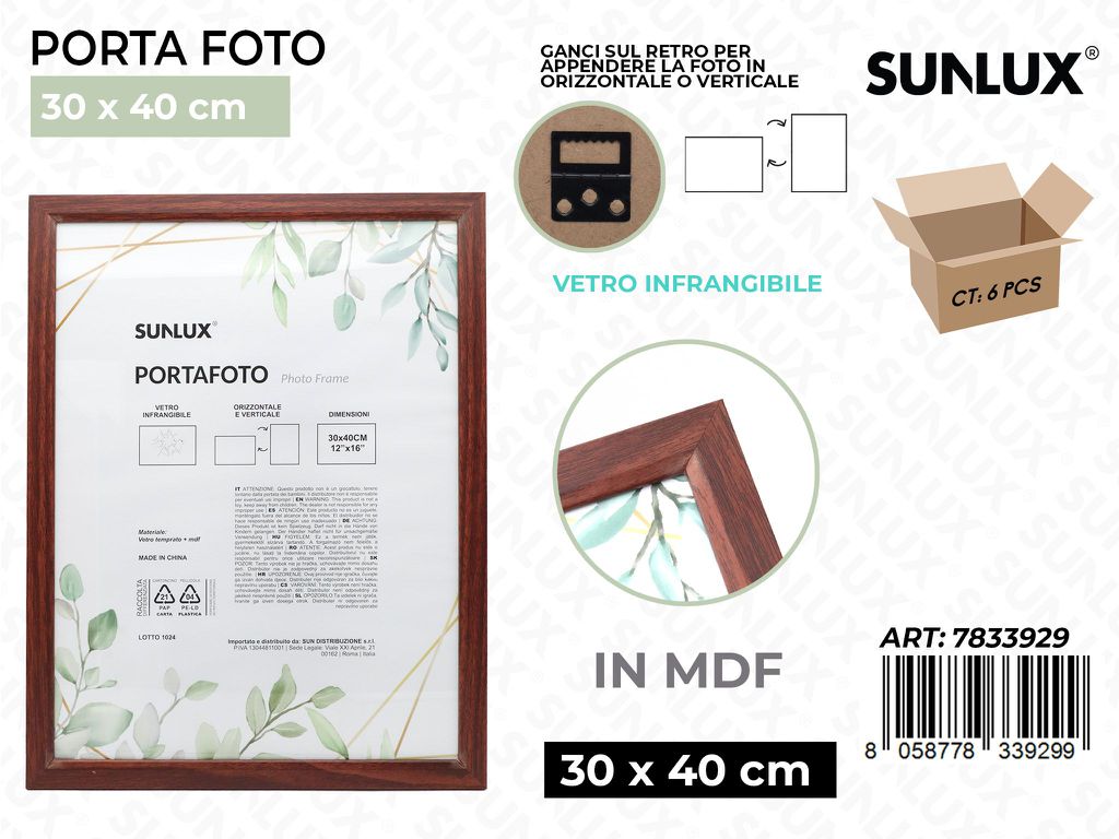 Sunlux Portafoto Legno Mdf Vetro Temp. 30*40CM