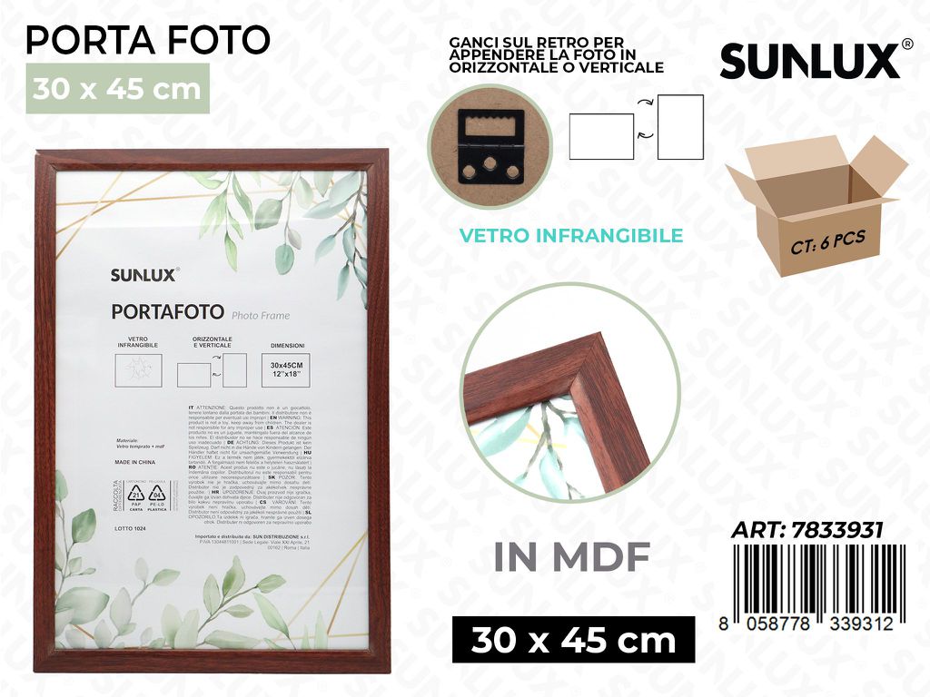 Sunlux Portafoto Legno Mdf Vetro Temp. 30*45CM
