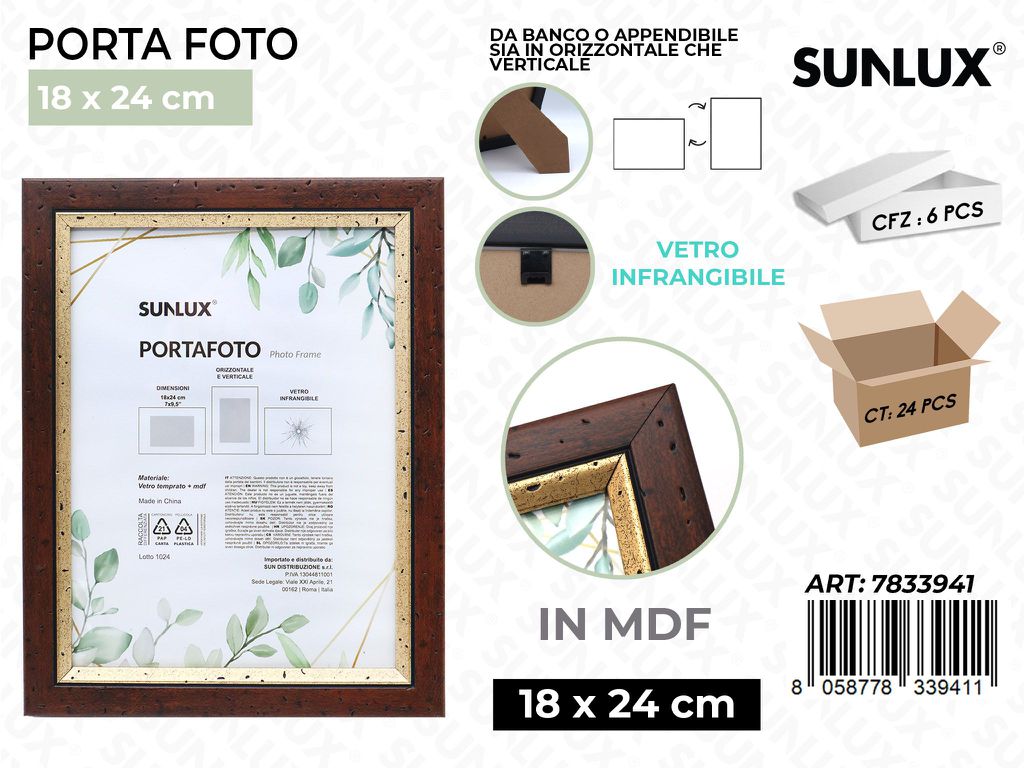 Sunlux Portafoto Legno Mdf Vetro Temp. 18*24CM