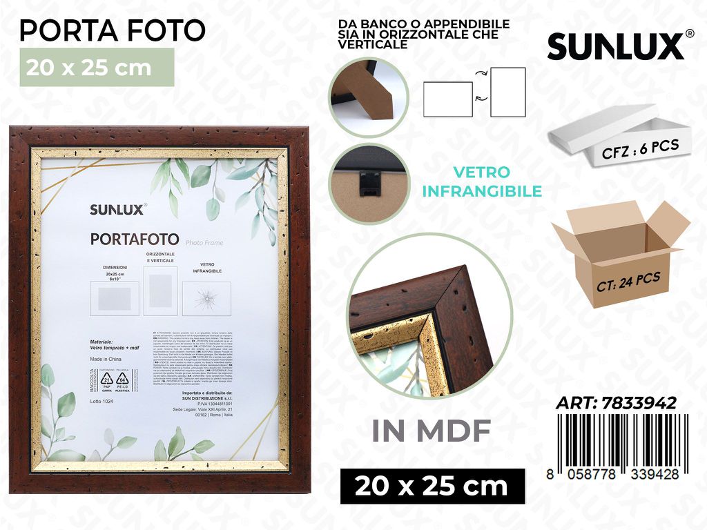 Sunlux Portafoto Legno Mdf Vetro Temp. 20*25CM