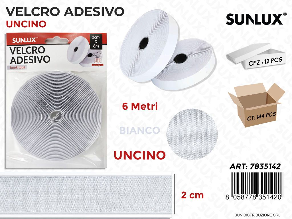 Velcro Adesivo Uncino Bianco 2CM*6MT
