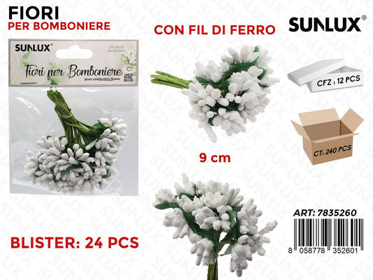 Fiore Bomboniere Bianco c/Fil di Ferro 24PCS 9CM