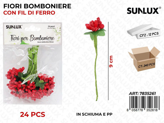 Fiore Bomb. Rosso c/Fil di Ferro 24PCS 9CM