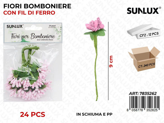 Fiore Bomb. Rosa c/Fil di Ferro 24PCS 9CM