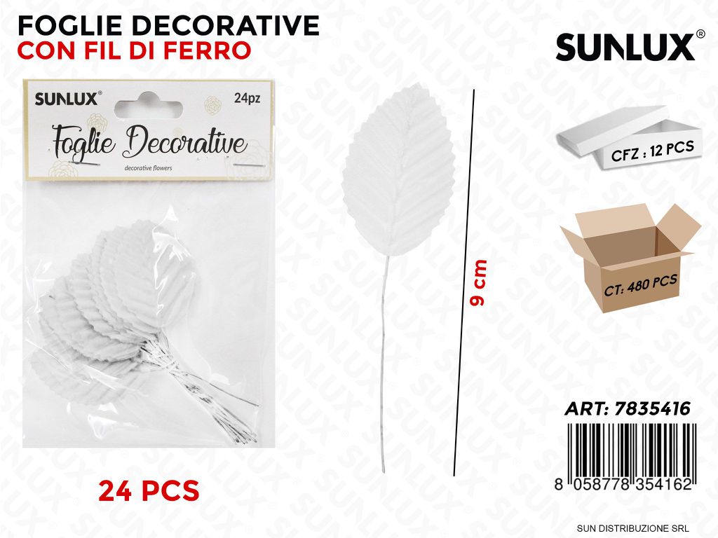 Foglie Dec. c/ Fil di Ferro Bianco 24PCS 9CM