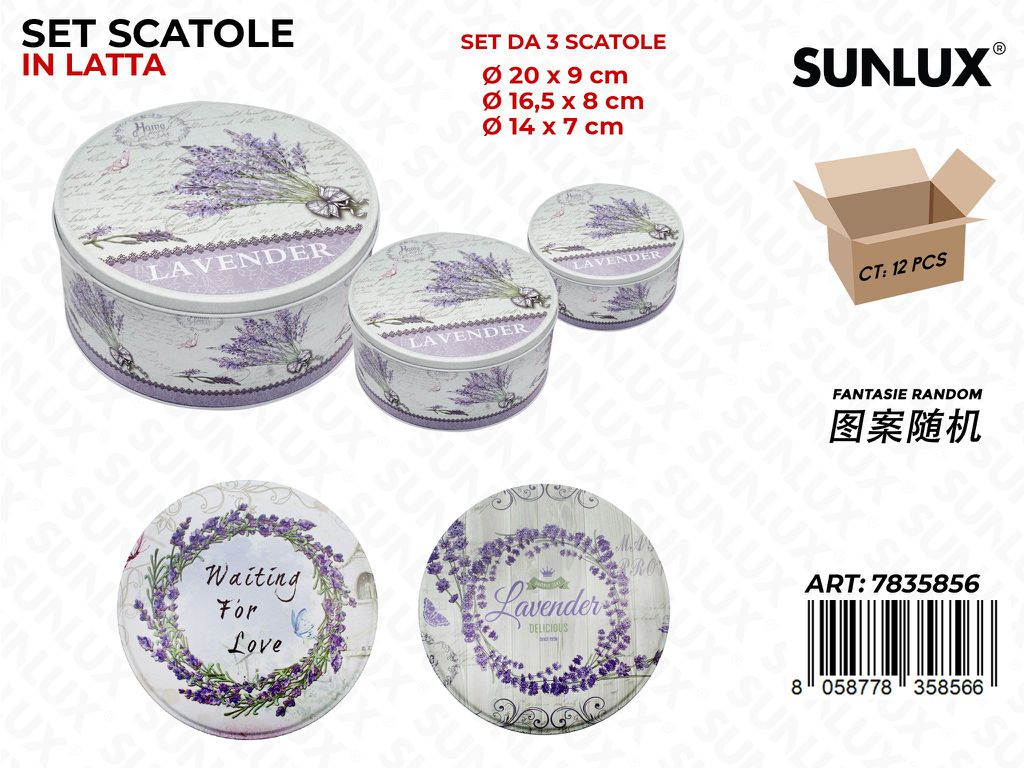 Sunlux SET3 Scatole in Latta Lavander Mis. Ass.