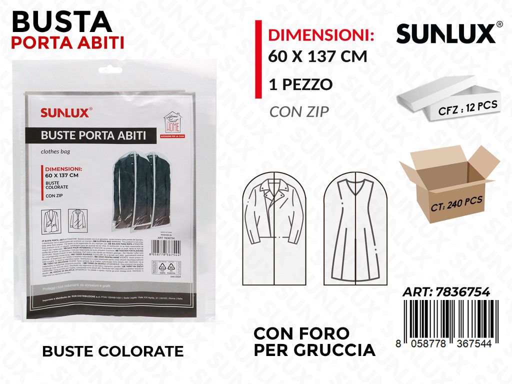 Busta Porta Abiti con Zip 60*137CM