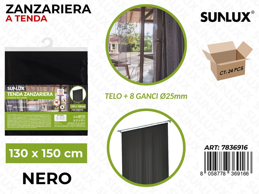 Sunlux Tenda Zanzariera Nero c/Ganci 130*150CM