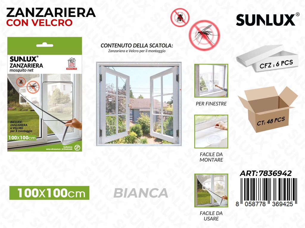 Sunlux Zanzariera Bia. c/ Velcro 100*100CM