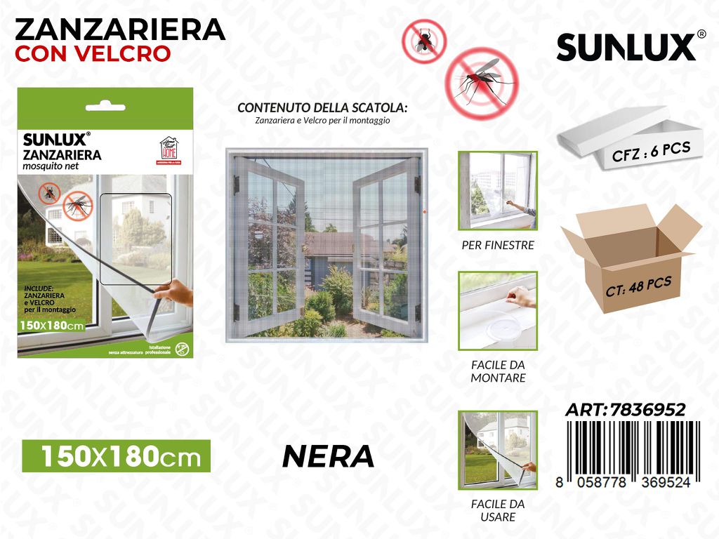 Sunlux Zanzariera Nero c/ Velcro 150*180CM