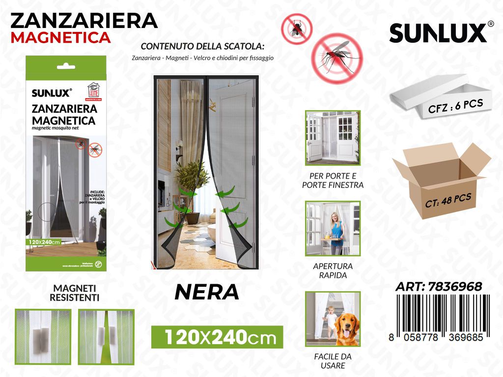 Sunlux Zanzariera Magnetica Nero 120*240CM