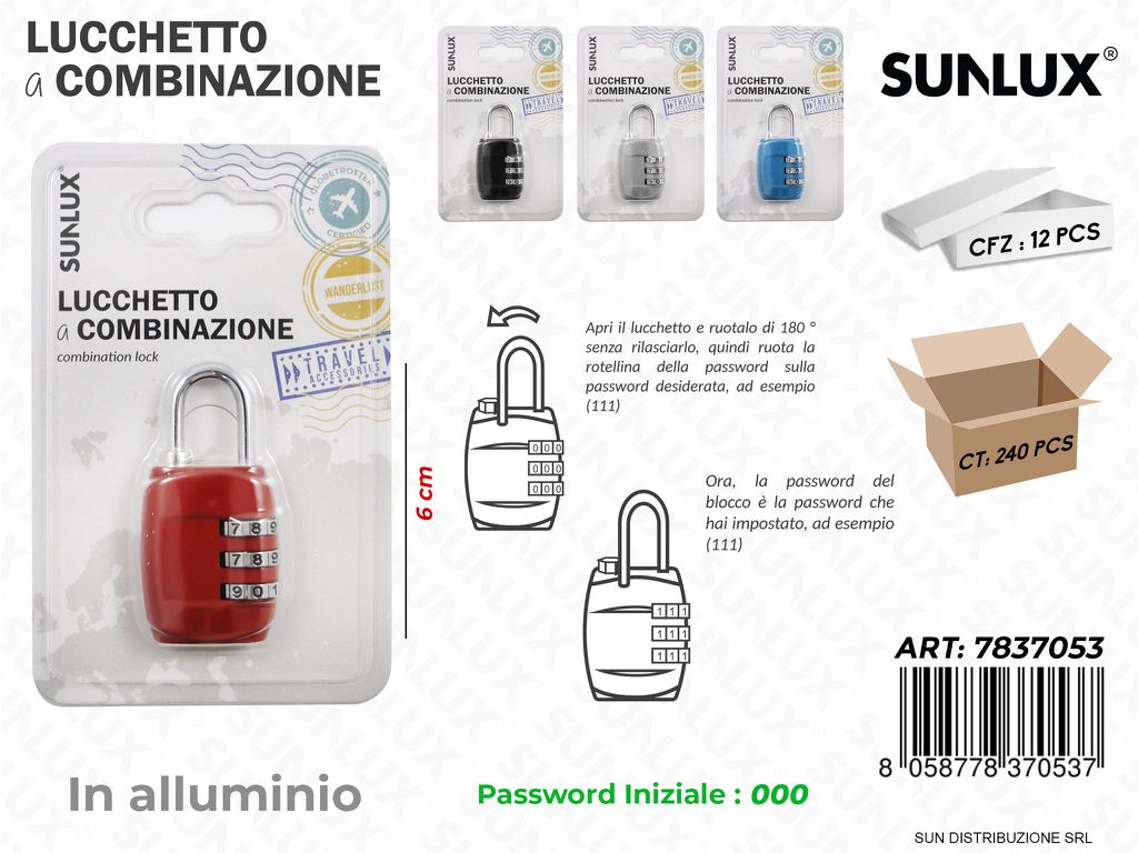 Lucchetto a Combinazione Allum. 4COL. 6CM