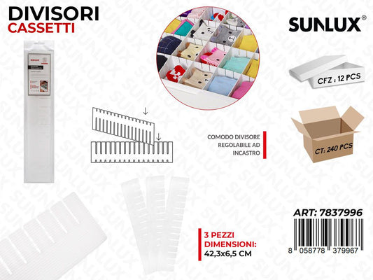 Sunlux Divisori Cassetti Bia. 3PCS 42.3*6.5CM
