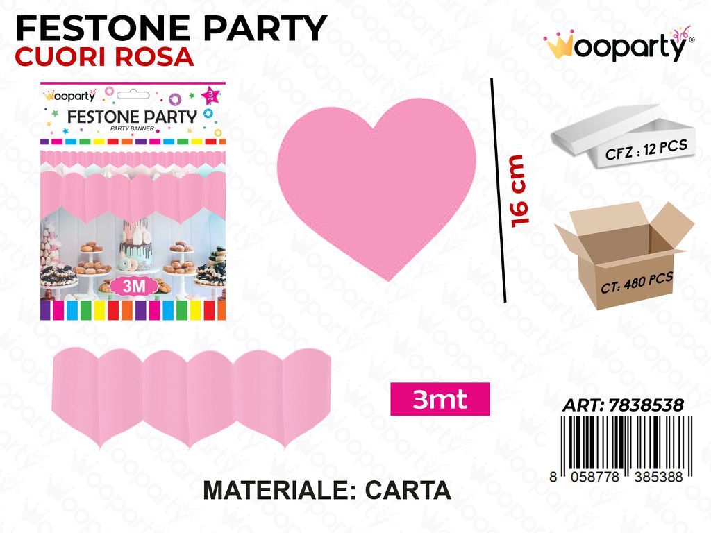 FESTONE PARTY CUORI ROSA  3MT /PZ DA 12**