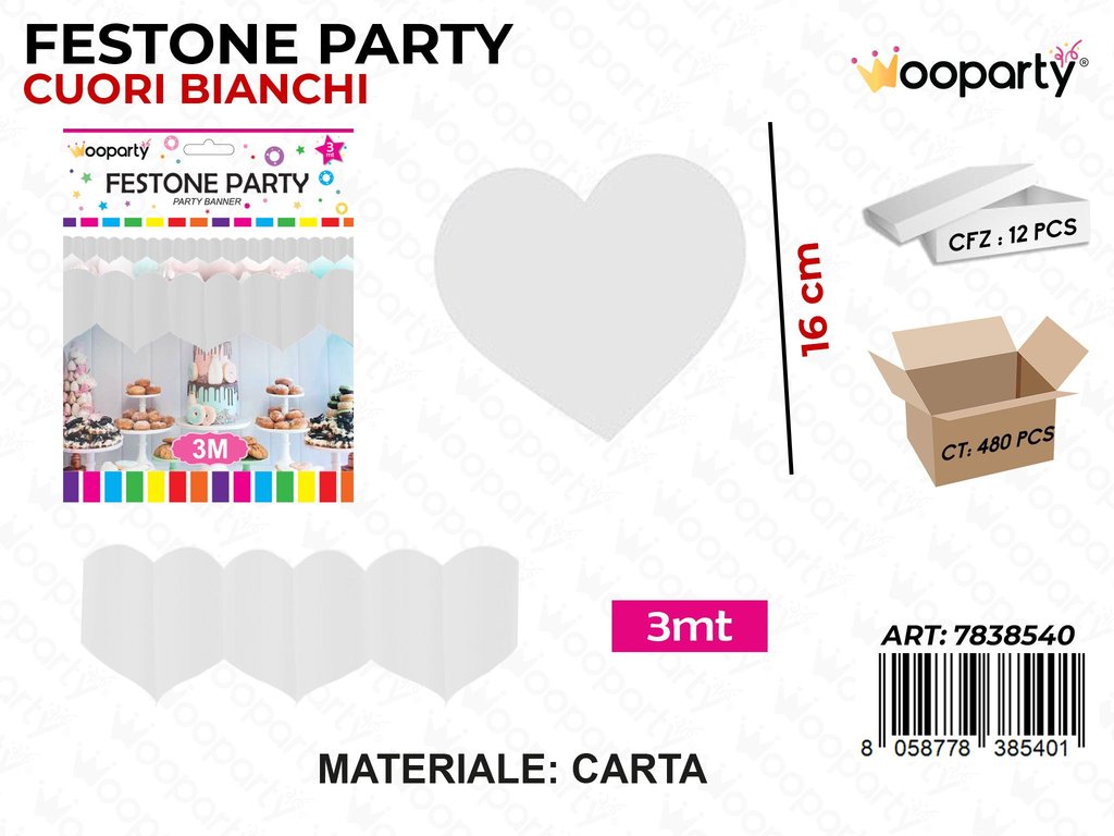 FESTONE PARTY CUORI BIANCHI 3MT*16CM  /PZ DA 12**