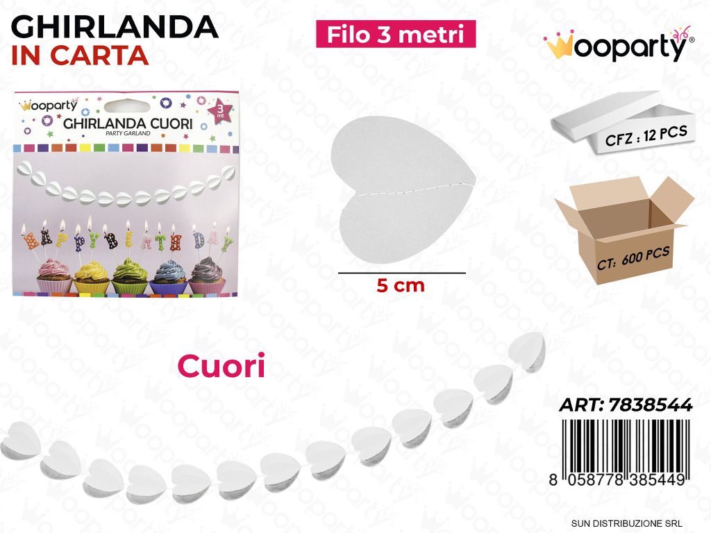 GHIRLANDA CUORI COL BIANCO 3MT*5CM /PZ DA 12**