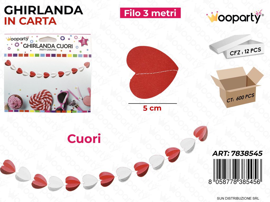 GHIRLANDA CUORI COL. ROSSO-BIANCO  3MT*5CM /PZ DA 12**