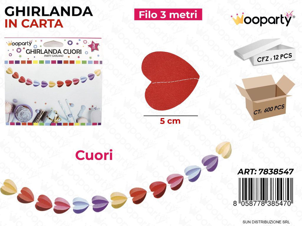 GHIRLANDA CUORI COL. MULTICOLOR  3MT*5CM /PZ DA 12**