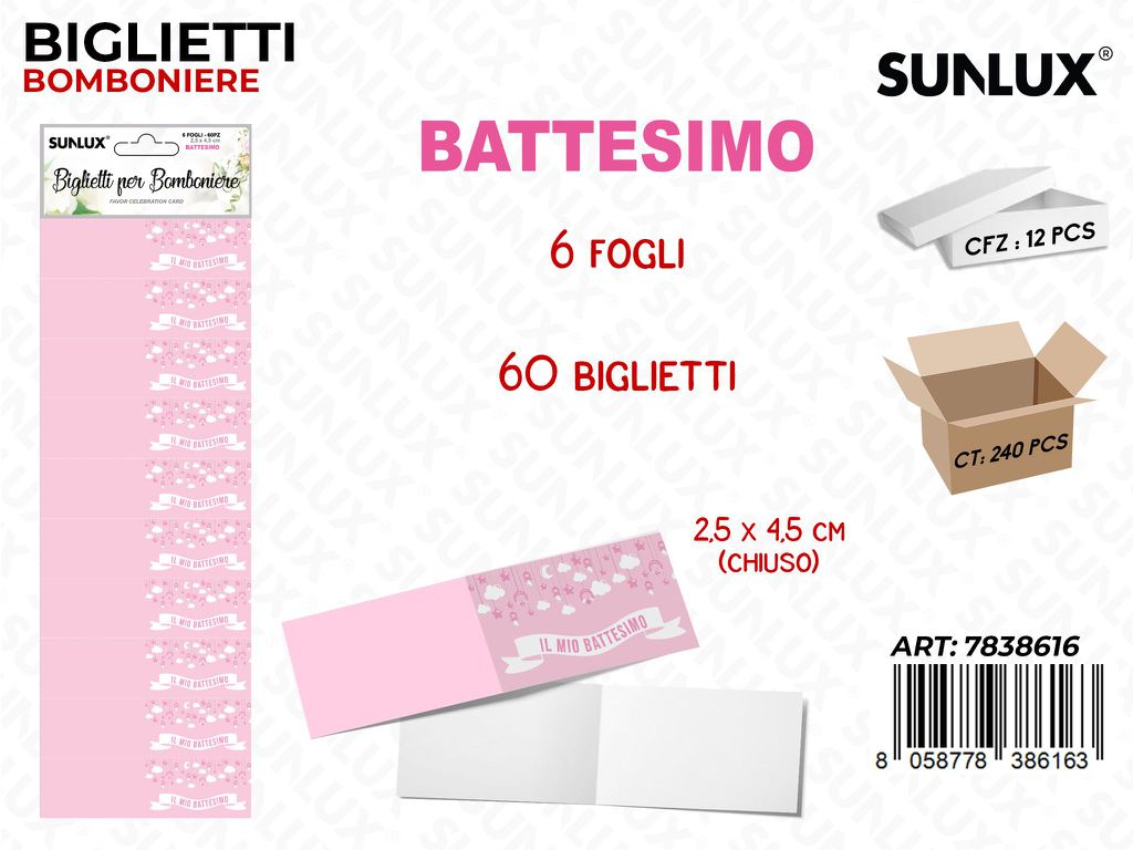 Sunlux Biglietti Bomb. Battesimo Girl 6FF 60PCS