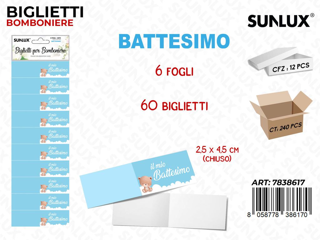 Sunlux Biglietti Bomb. Battesimo Boy 6FF 60PCS