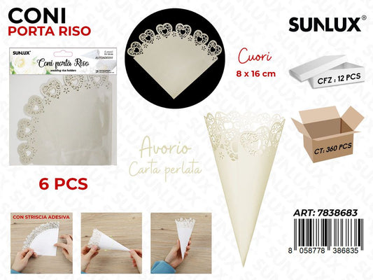 Sunlux Coni Porta Riso Av. Cuori 6PCS 8*16CM