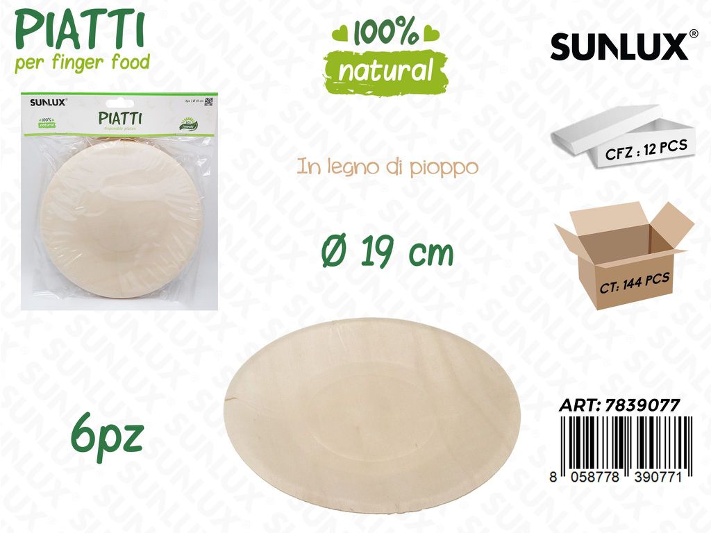 Sunlux Piatti in Legno Pioppo 6PCS 19CM