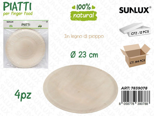 Sunlux Piatti in Legno Pioppo 4PCS 23CM