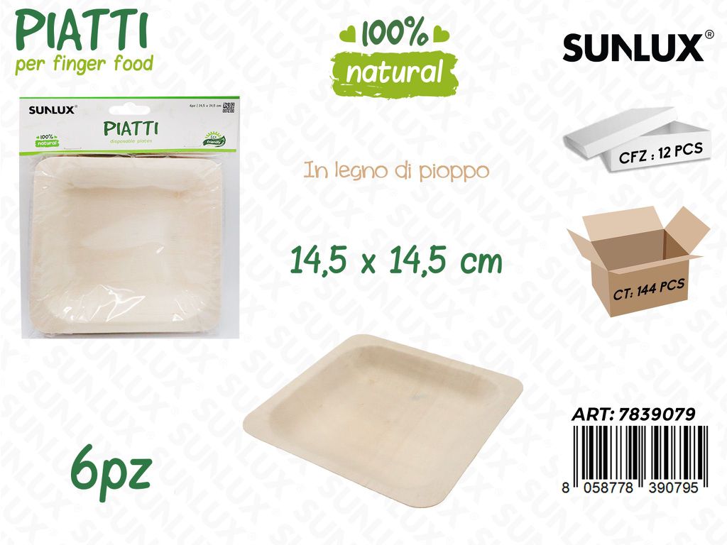 Sunlux Piatti in Legno Pioppo 6PCS 14.5*14.5CM