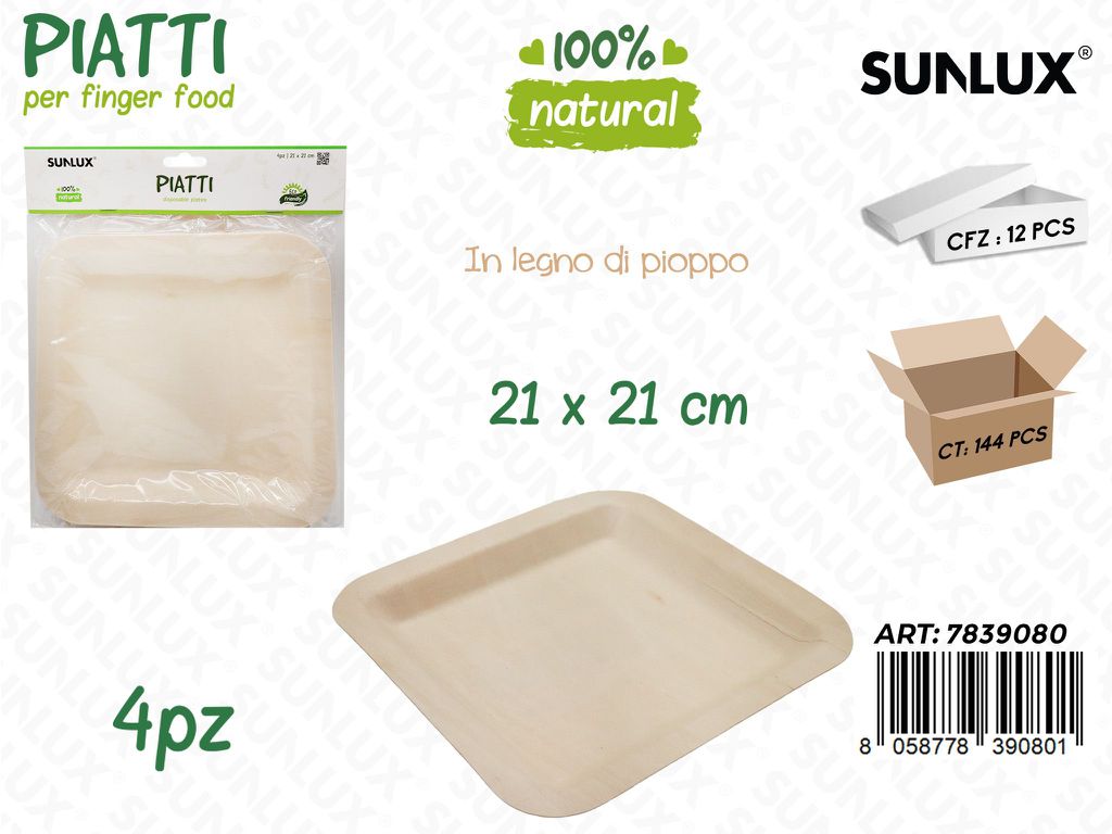 Sunlux Piatti in Legno Pioppo 4PCS 21*21CM