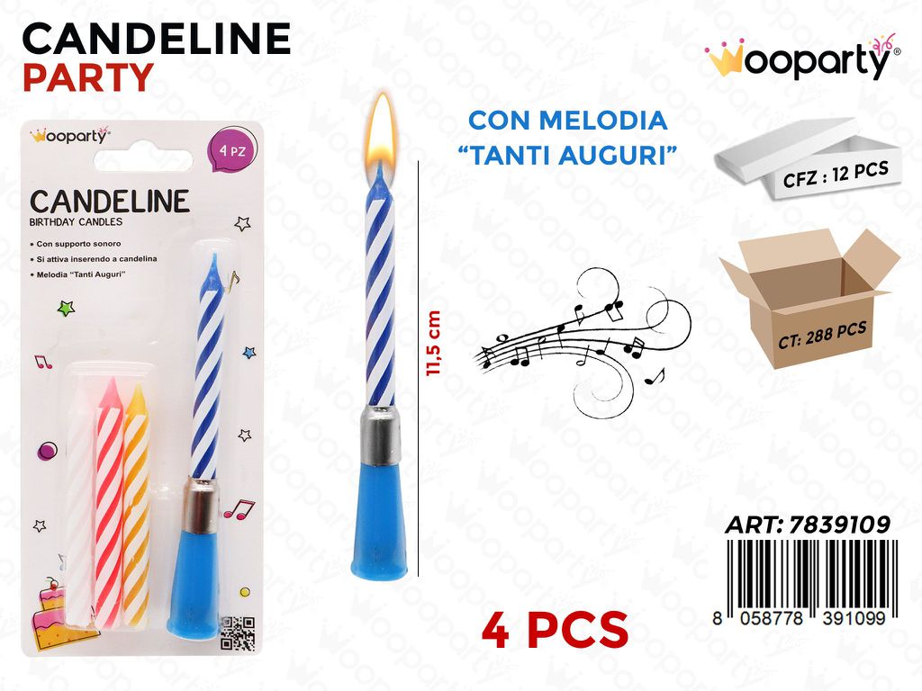 CANDELINE CON MELODIA COL. ASS. 4PCS 11.5CM /PZ DA 12**