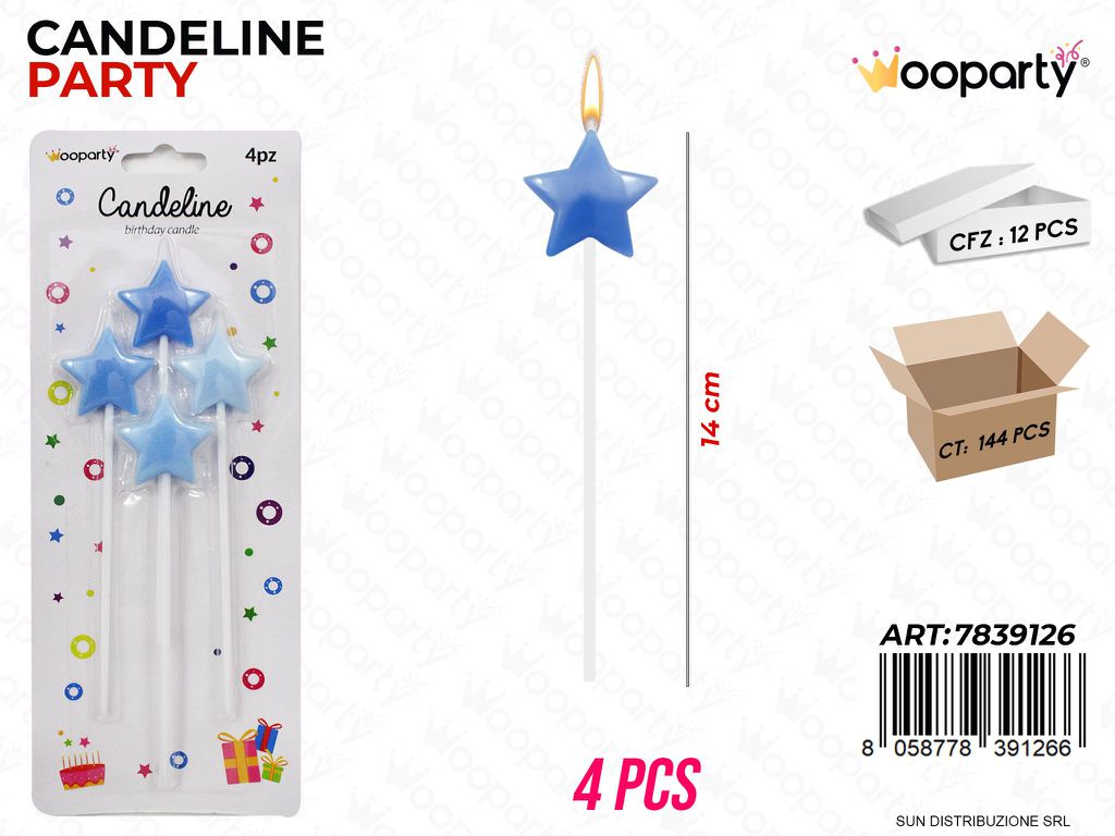 CANDELINE PARTY STELLE CEL. 4PCS 14CM /PZ DA 12**