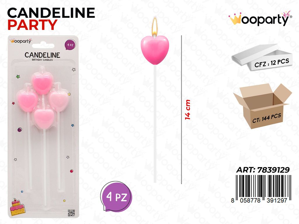 CANDELINE PARTY CUORE ROSA 4PCS 14CM /PZ DA 12**