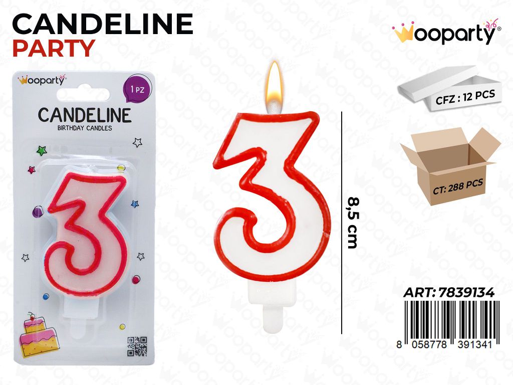 CANDELINE PARTY BIA-ROSSO N. 3 8.5CM /PZ DA 12**