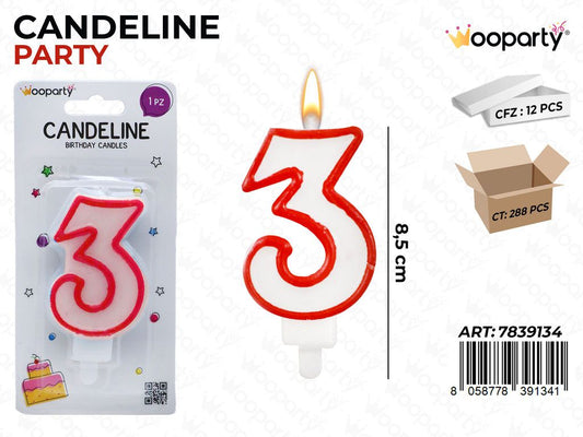 CANDELINE PARTY BIA-ROSSO N. 3 8.5CM /PZ DA 12**