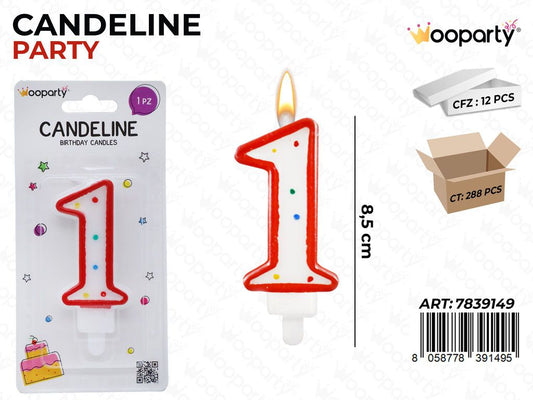 CANDELINE PARTY BIA-ROSSO POIS N. 1 8.5CM /PZ DA 12**