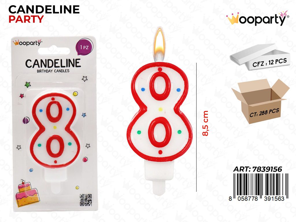 CANDELINE PARTY BIA-ROSSO POIS N.8 8.5CM /PZ DA 12**