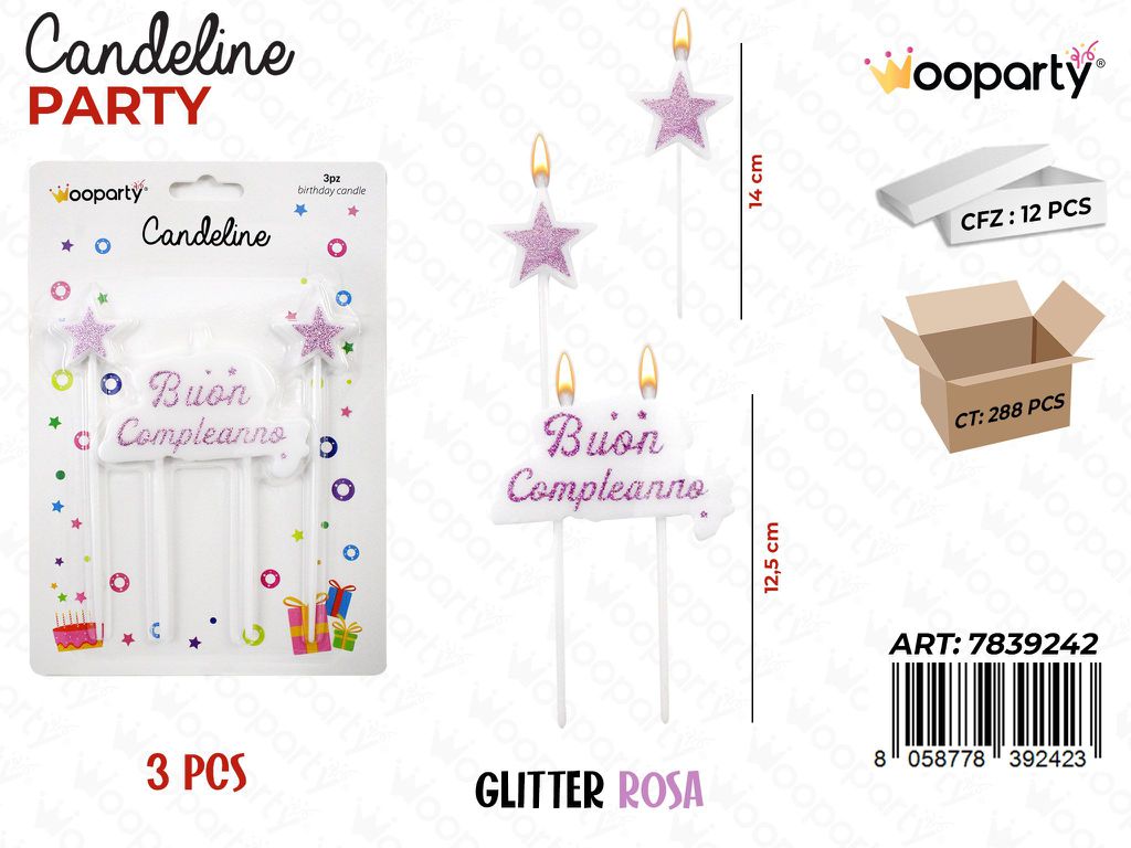 CANDELINE B.COMPL. GLITTER ROSA 3PC /PZ DA 12**