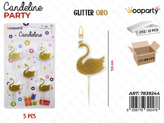 CANDELINE CIGNO C/ GLITTER ORO 7.5CM 5PCS / PZ DA 12**